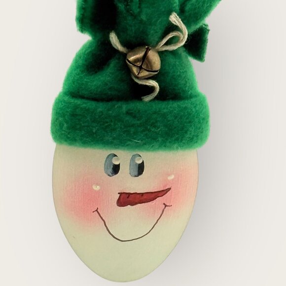 Handmade Spoon Snowman Christmas Ornament Green Felt Hat Bell - Picture 2 of 5